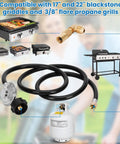 6.5 Ft Propane Regulator And Hose With 90 Degree Elbow Adapter For 17 And 22 Inch Tabletop Griddles, shown with grills