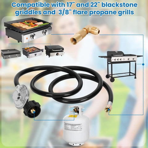 6.5 Ft Propane Regulator And Hose With 90 Degree Elbow Adapter For 17 And 22 Inch Tabletop Griddles, shown with grills