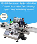 Heavy Duty Desktop Bottle Labeling Machine For Round Bottles With Lowkey Touch Screen Setup High Speed Sticker Wrapper on conveyor.