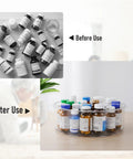 Before and after image using Large Capacity Medicine Bottle Organizer For Cabinet With 9 In Diameter And 3.3 In Height, Clear Lazy Susan