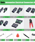 Get The Ultimate 53 Sets Weather Pack Connectors Kit With Crimping Tools And Terminal Removers For Auto Wiring Repairs In One Sleek Storage Case. 53-piece auto connector set with crimp tool, terminal removers, seal plugs, and tweezers