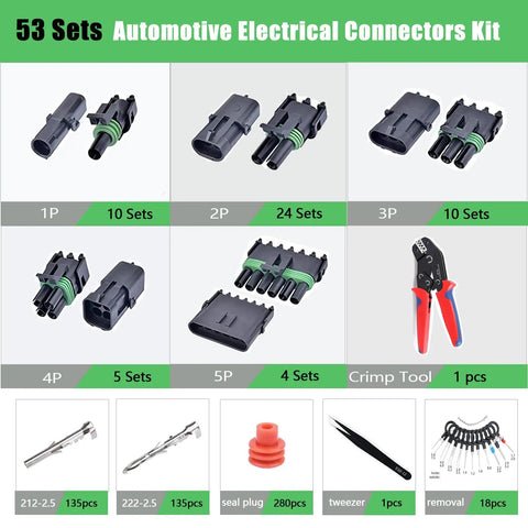 Get The Ultimate 53 Sets Weather Pack Connectors Kit With Crimping Tools And Terminal Removers For Auto Wiring Repairs In One Sleek Storage Case. 53-piece auto connector set with crimp tool, terminal removers, seal plugs, and tweezers