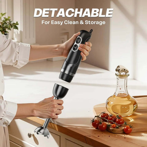 Game Changer Corded Immersion Blender Powered By 400 Watt Copper Motor With Two Adjustable Speeds For Buttery Smooth Soups Quick Gravies And Tender Baby Purees Bpa Free held by user with detachable blending shaft.