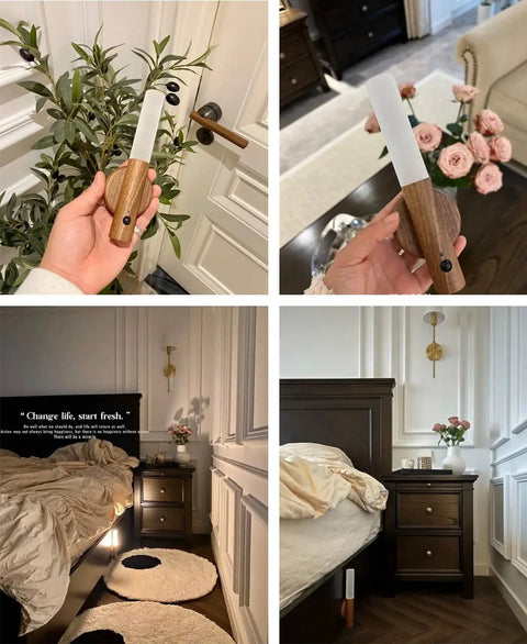 Smart LED Battery Powered Wall Sconce With Motion Sensor And Stick On Night Light in bedroom scene with wooden accent
