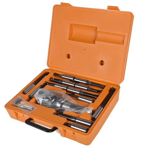 Beefed-Up 12 Piece R8 Shank Carbide Boring Head Set For Bridgeport Milling Machines in orange case, steel tools displayed inside