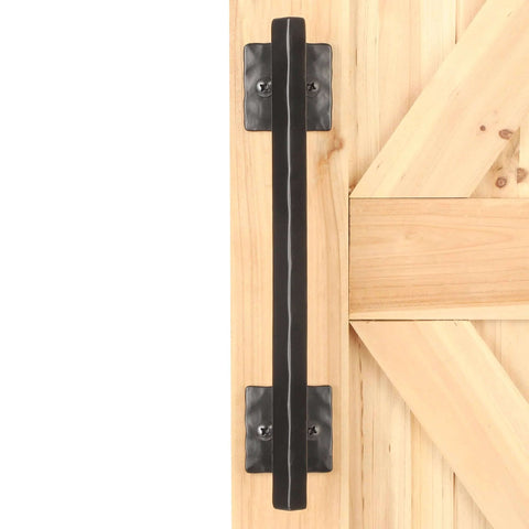 Rustic Matte Black 12 Inch Rhombus Barn Door Handles For Sliding Doors Heavy Duty Solid Metal Pull Handles installed on wooden door