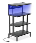Four Tier Gaming Console Stand With Outlet And USB Ports, RGB Light Strips, Black Wood, Metal Frame, Side View