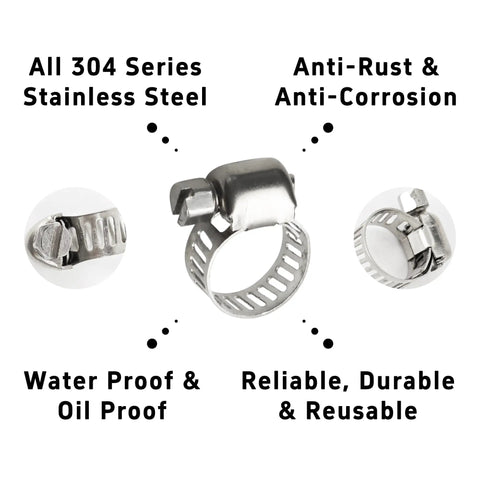 25 Pieces Stainless Steel Worm Drive Hose Clamps Kit, Adjustable 0.24 to 0.47 Inches, features and close-up details
