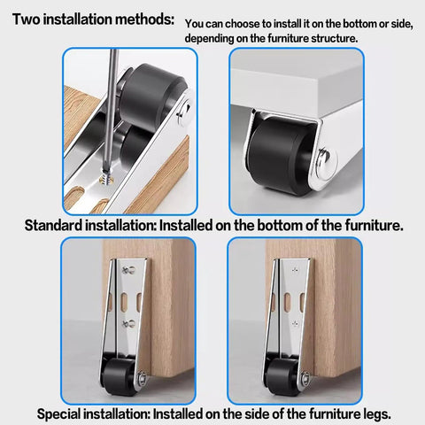Premium Door Support Wheels With Heavy Duty Galvanized Bracket And Smooth Rubber Casters installed on furniture bottom and side.