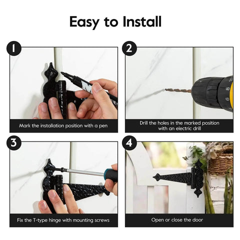 Step-by-step installation of 6 Inch Decorative Hammered Steel Rust Resistant Heavy Duty T Hinges Outdoor Tee Hinges showing tools and process.