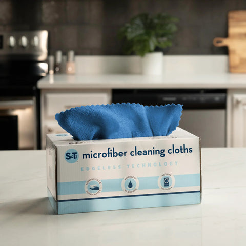 S&T microfiber cleaning cloths in a box, 50-count, blue, 11.8 x 11.8 in, 190gsm for home use