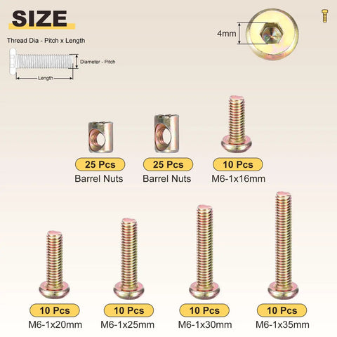 Rock Solid Furniture Replacement Screw Set with Killer Barrel Nuts and Flat Head Bolts for Crib Buildouts Includes All M6 Sizes in a Massive 100 Piece Stash That Slaps, showing sizes and quantities of screws and barrel nuts.