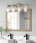 Winslow 28 Inch 4 Light Farmhouse Vanity Light With Seeded Glass Cylinder Shades Bleached Oak Finish in modern bathroom setting