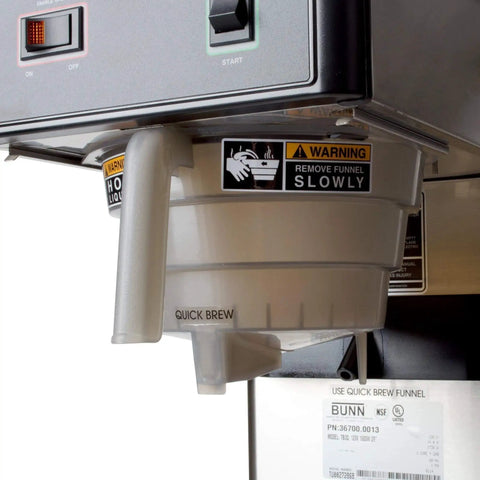 Close-up of TB3Q 3 Gallon Iced Tea Brewer With Real Tea Leaves, Quickbrew Funnel, SplashGard funnel deflects hot liquids.