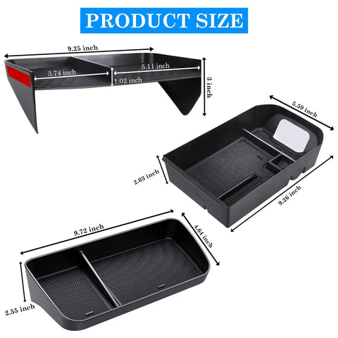 Toyota RAV4 Center Console Organizer Upgrade dimensions of 3-piece set with armrest, dash trays for 2019-2025 models