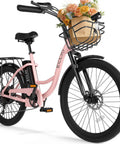 Pink 24 Inch Electric Bike For Adults With Peak 1000W Motor Up To 28 MPH 48V 13Ah Removable Battery and front basket with flowers