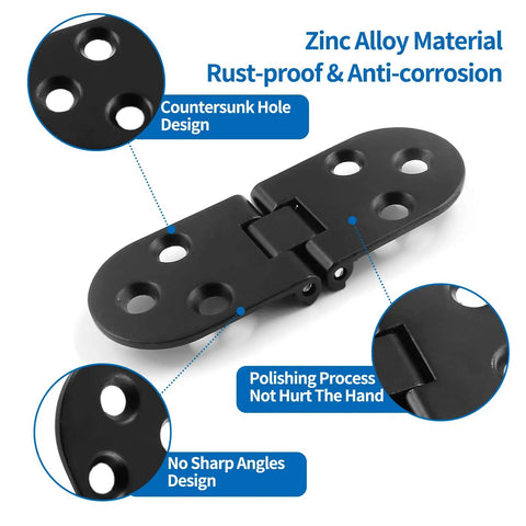 Built Tough As Nails Heavy Duty Folding Table Hinges Black Zinc Alloy Flip Pivot Hardware 4 Piece Kit With Mounting Screws showing rust-proof design and countersunk holes