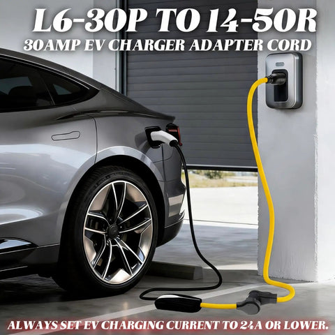 Heavy Duty 6 6Ft Nema L6 30P To 14 50R Ev Charging Adapter Cord 30 Amp To 50 Amp Generator Connector with handle in use.