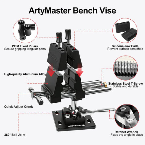 360 Degree Rotating Bench Vise With Quick Release Ratchet Wrench For Woodworking And Metalworking, 4 Inch workbench vise with labels