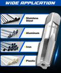 Pro Grade NPT Pipe Tap Set 6 Piece Kit With Sizes 1 Inch, Three Quarter Inch, One Half Inch, Three Eighths Inch, One Quarter Inch, One Eighth Inch Alloy Steel Pipe Thread Cutting Tool With Four Straight Flute Design And Handy Storage Case showing material compatibility with stainless steel, aluminum, iron, plastic