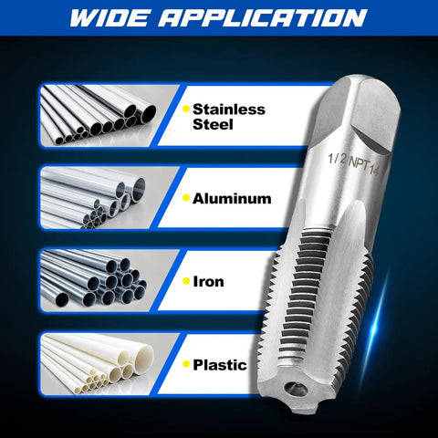 Pro Grade NPT Pipe Tap Set 6 Piece Kit With Sizes 1 Inch, Three Quarter Inch, One Half Inch, Three Eighths Inch, One Quarter Inch, One Eighth Inch Alloy Steel Pipe Thread Cutting Tool With Four Straight Flute Design And Handy Storage Case showing material compatibility with stainless steel, aluminum, iron, plastic