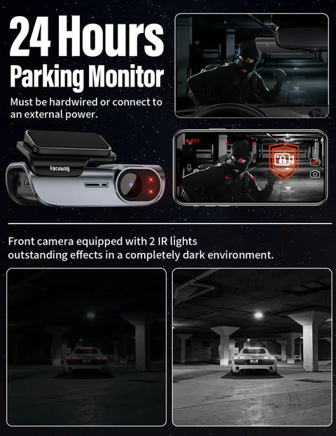 24-hour parking monitor feature of 4K Front And Rear Dash Cam With Fast 5GHz WiFi Hands Free Voice Control Crystal Clear Footage.