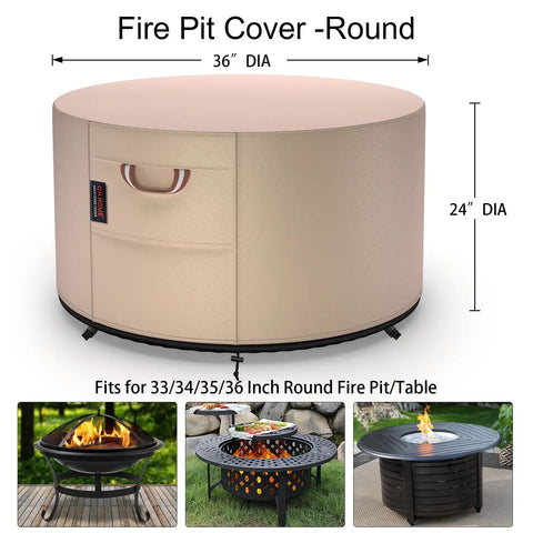 Beefy 36 Inch Round Fire Pit Cover Heavy Duty 900D Tear Resistant Waterproof UV Resistant Fade Resistant For Outdoor Fire Pits Up To 36 Inch Diameter 24 Inch High All Weather Protective Cover, showing on round fire pit with measurement details