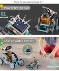 12 In 1 Solar Power Robot Kit For Kids Aged 8 To 13, STEM Building Toy Set showing solar and battery charging methods