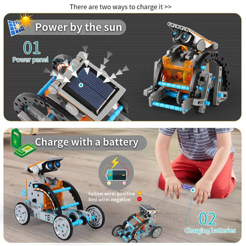 12 In 1 Solar Power Robot Kit For Kids Aged 8 To 13, STEM Building Toy Set showing solar and battery charging methods