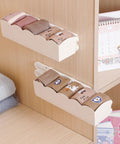Four Pack Heavy Duty Self Adhesive Bottom Mount Drawer Slides Full Extension Glide Rails organizing folded socks on shelf.