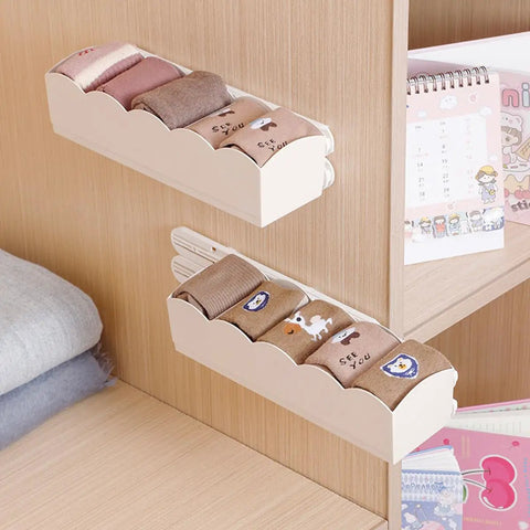 Four Pack Heavy Duty Self Adhesive Bottom Mount Drawer Slides Full Extension Glide Rails organizing folded socks on shelf.