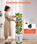 Woman using Space Saving 50 Pod Vertical Hydroponic Tower With 10 Tiers Rolling Indoor Garden On Wheels With Water Pump