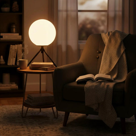Modern Black Globe Table Lamp With Opal Glass Ball On A Metal Tripod Base beside an armchair in dimly lit room