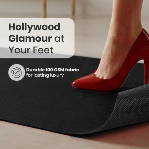 Black Carpet Floor Runner 2.6x30 Feet With Pre Attached Double Sided Tape Non Slip Indoor Runner showing luxury and durability.