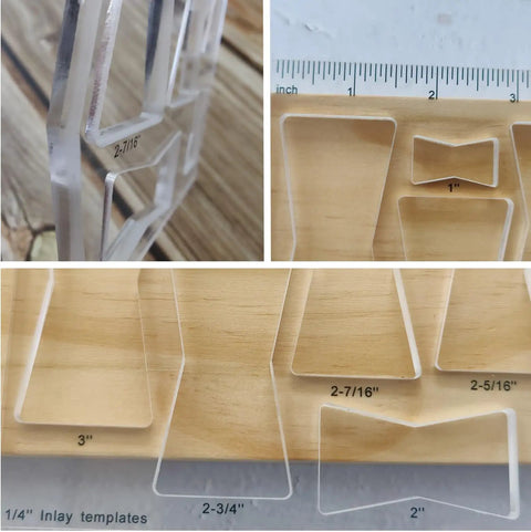 Rock Solid Acrylic 8 In 1 Bowtie Butterfly Router Template Jig Kit Woodworking DIY Inlay Guide showing various sizes of jigs.
