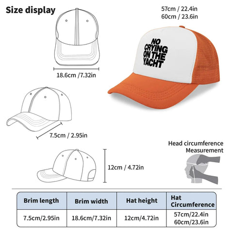 Everyday Mens Cap With Low Profile Fit And Breathable Ventilation Size Chart, Orange Brim, Baseball Style Hat, Front and Side Views