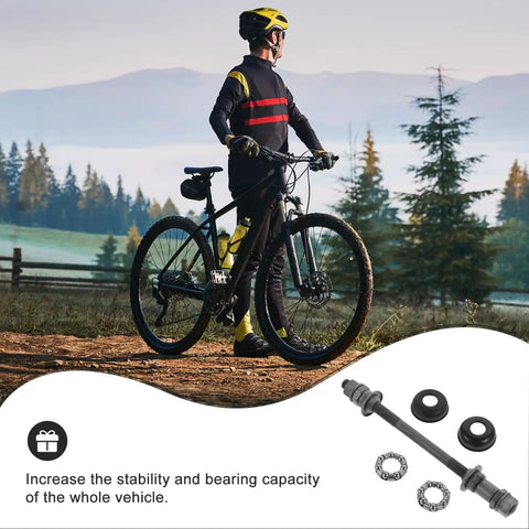 Cyclist with Beefy 180mm Mountain Bike Rear Axle With Titanium Alloy Shaft Hollow Hub Kit, scenic trail background