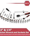 All In One 515 Piece Aluminum Trolley Tool Set On Wheels With Four Drawers Portable Toolbox For Home Car Garage Maintenance And Auto Repair Equipped With Wrenches Pliers Sockets Hammer Tape Measure And More, showing socket set with ratchet wrench