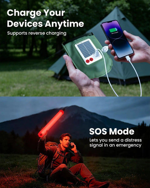 Inflatable 24 Inch Solar Camping Lantern with Magnetic LED Tube Light and phone charging in forest setting