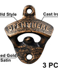 Premium Vintage Cast Iron Wall Mounted Beer Bottle Opener 3 Piece Set Antique Gold with old style detailing.