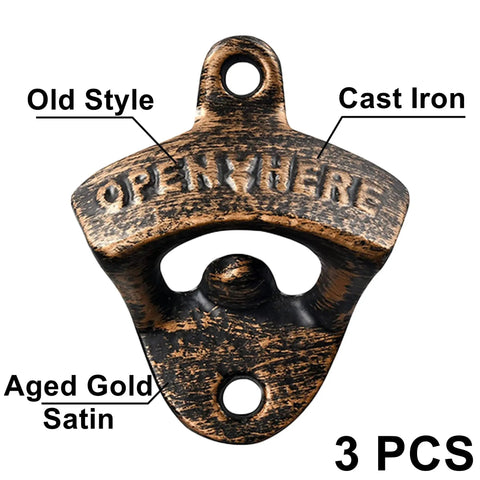 Premium Vintage Cast Iron Wall Mounted Beer Bottle Opener 3 Piece Set Antique Gold with old style detailing.