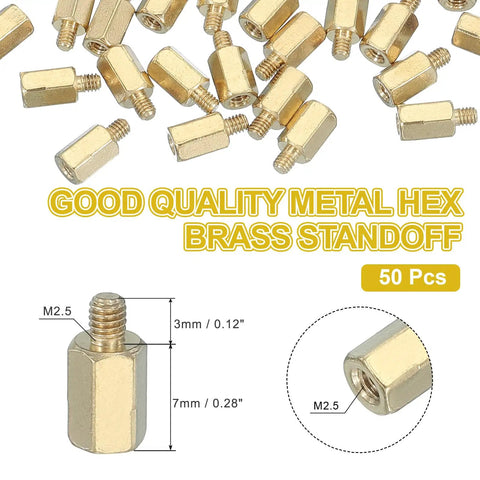 Heavy Duty M2.5 Hex Brass Standoff Spacers Featuring Snappy Female Threads And Shiny Gold Plating A Total No Brainer For FPV Racing Drones PC Mods And Tech Hacks 50 Pack scattered on a surface.