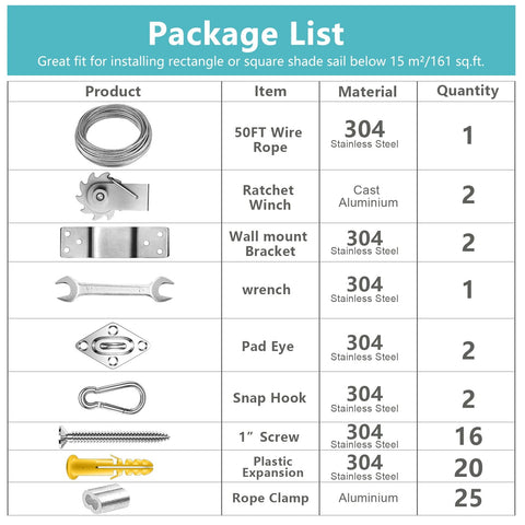 Package list of Heavy Duty Shade Sail Hardware Kit With Winches And Wire Rope Rust Free Stainless Steel Sun Shade Hardware Kit 71 Pieces