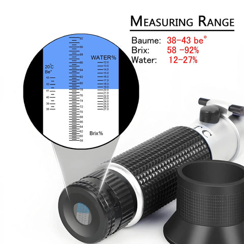 Handheld Honey Refractometer With Tri-Scale Baume 38 To 43 Degrees, Brix 58 To 92 Percent, And Water 12 To 27 Percent For Quick Sweetness Checks On Honey, Jelly, Jam, And Syrup - Pro Grade Sugar Content Meter For Foods And Beverages, black handheld tool with scale display