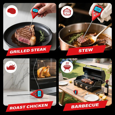 40 Inch Leave-In Digital Meat Thermometer With External Probe showing temperature of steak, stew, chicken, and BBQ on grill