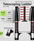 12.5 Ft Telescoping Aluminum Ladder With Dual Triangle Stabilizers, Lightweight Extension Ladder, Heavy Duty 330 Lb Capacity, folded with anti-slip feet