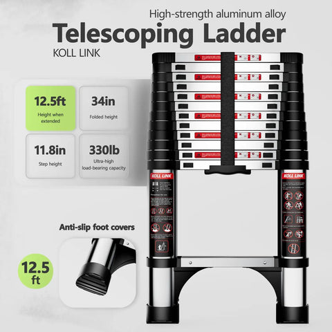 12.5 Ft Telescoping Aluminum Ladder With Dual Triangle Stabilizers, Lightweight Extension Ladder, Heavy Duty 330 Lb Capacity, folded with anti-slip feet