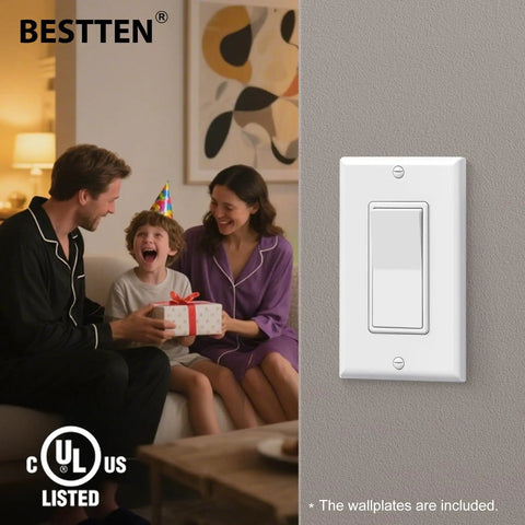 4 Pack Decorator 3-Way Light Switches With Wall Plate, 15A 120V And 277V Rocker Paddle Interrupter, UL Listed, family setting