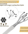 Diagram showing 7x7 strand construction of 1/16 Inch Vinyl Coated 304 Stainless Steel Wire Rope Kit with dimensions.