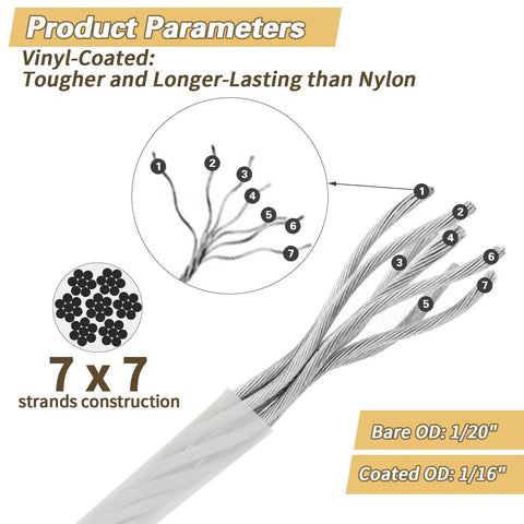 Diagram showing 7x7 strand construction of 1/16 Inch Vinyl Coated 304 Stainless Steel Wire Rope Kit with dimensions.